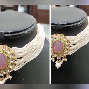 Elegant Gold and Green Choker Necklace! Pink white and green stones